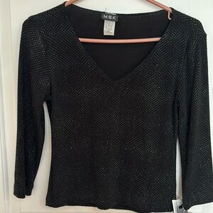 MSK Black glitter v neck top. Sz small New w tags.